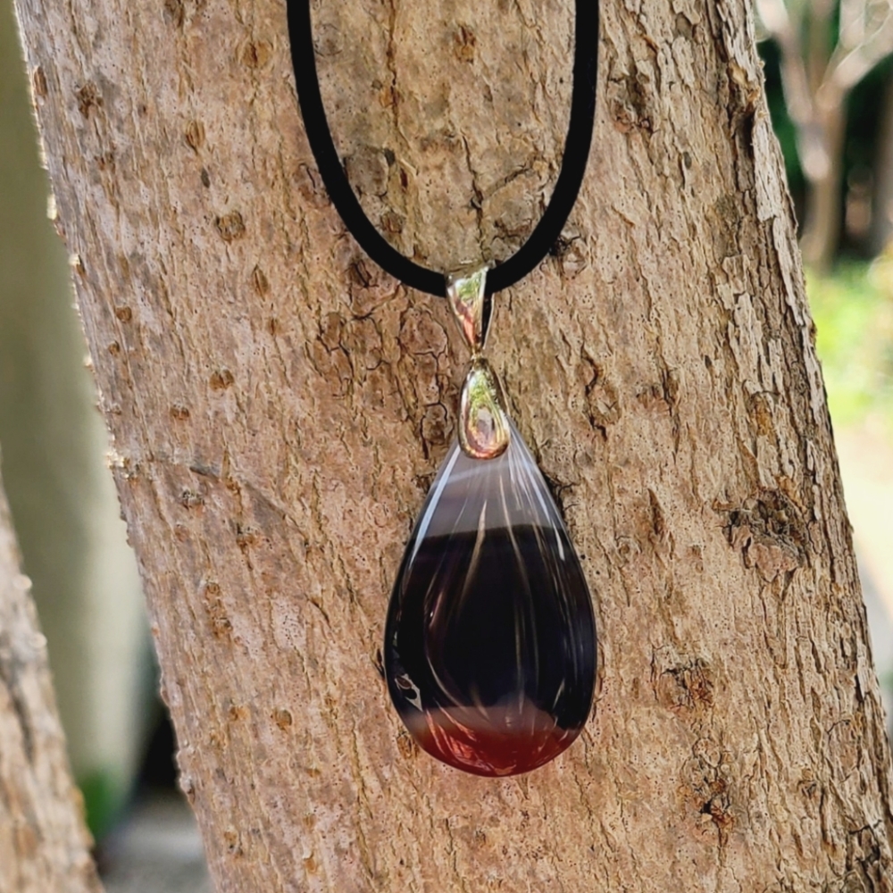 Polished Natural Agate Large Teardrop Pendant Cord Necklace Boho Artisan